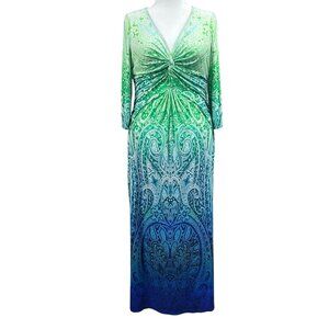 Boston Proper Boho Paisley Twist Front Ruched V Neck Maxi Dress Sz 14 Ombre